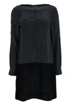 Shift Colorblocking Belted Button Front Long Sleeves Two-Toned Print Bateau Neck Silk Dress