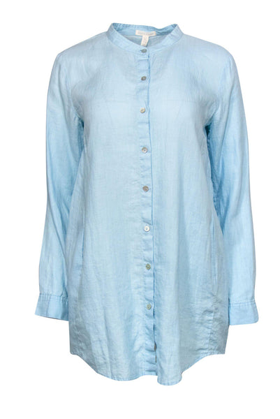 Button Front Pocketed Linen High-Neck Long Sleeves Shirt Dress