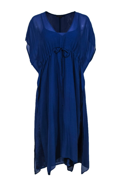 V-neck Cap Sleeves Drawstring Slit Summer Silk Midi Dress