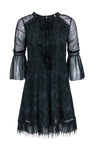 A-line V-neck Lace Trim Bell Sleeves Paisley Print Back Zipper Fall Winter Dress