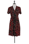 V-neck Fitted Gathered Belted Animal Leopard Print Short Sleeves Sleeves Silk Tie Waist Waistline Dress