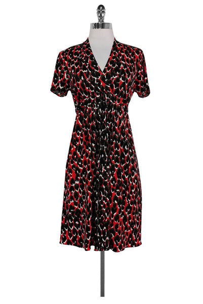 V-neck Tie Waist Waistline Fitted Belted Gathered Animal Leopard Print Short Sleeves Sleeves Silk Dress