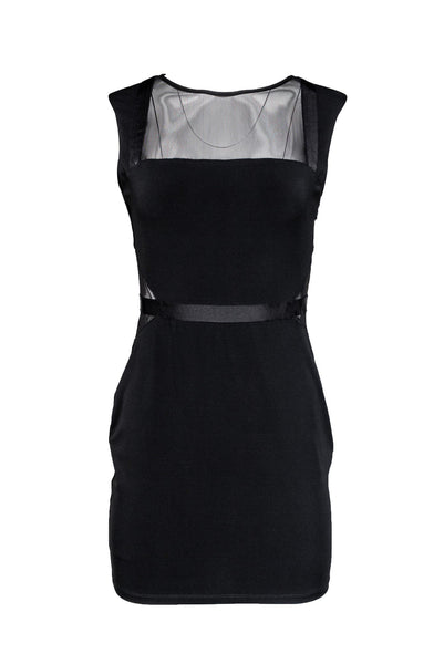 Mesh Trim Fitted Hidden Side Zipper Little Black Dress With a Ribbon