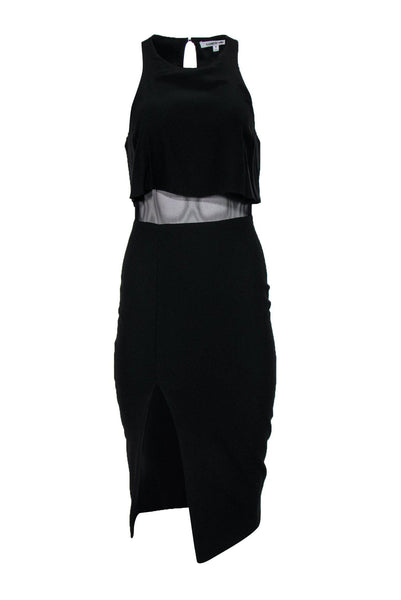 Round Neck Slit Cutout Mesh Hidden Back Zipper Sleeveless Bodycon Dress/Club Dress/Little Black Dress/Midi Dress