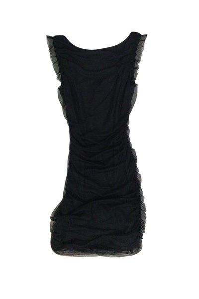 Side Zipper Gathered Mesh Round Neck Polyester Little Black Dress/Party Dress With Ruffles