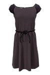 Hidden Back Zipper Boat Neck Cap Sleeves Tie Waist Waistline Dress