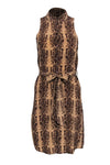 Animal Snake Print Collared Sleeveless Silk Shift Button Front Belted Slit Dress