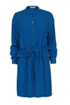 Viscose Drawstring Pocketed Button Closure Long Sleeves Round Neck Striped Print Shirt Dress