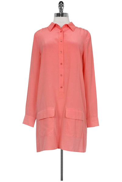 Button Front Pocketed Above the Knee Silk Long Sleeves Collared Shirt Dress