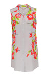 Collared Floral Print Silk Sleeveless Pocketed Button Front Shirt Dress
