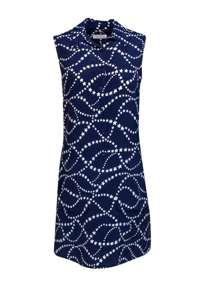 Geometric Print Summer Sleeveless Collared Button Front Pocketed Silk Beach Dress