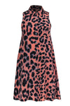 A-line Animal Leopard Print Collared Sleeveless Button Front Silk Dress