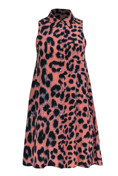 A-line Collared Silk Animal Leopard Print Button Front Sleeveless Dress