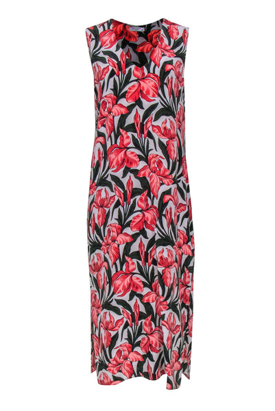 Tall V-neck Floral Print Silk Slit Flowy Sleeveless Beach Dress