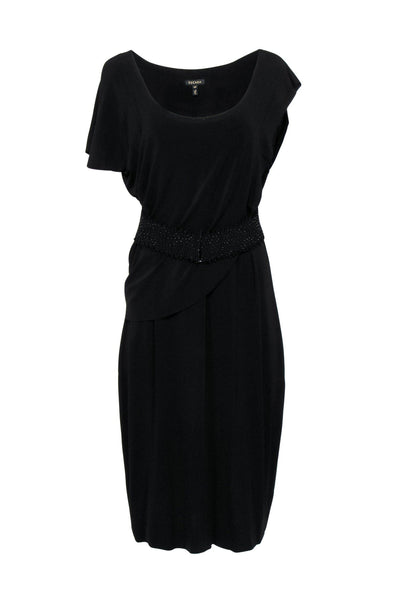 Cowl Neck Elasticized Waistline Belted Draped Grecian Sleeveless Little Black Dress/Midi Dress
