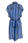 Silk Striped Print Summer Tie Waist Waistline Collared Belted Front Zipper Pocketed Sleeveless Shirt Dress
