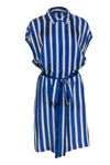 Sleeveless Striped Print Summer Silk Tie Waist Waistline Front Zipper Pocketed Belted Collared Shirt Dress