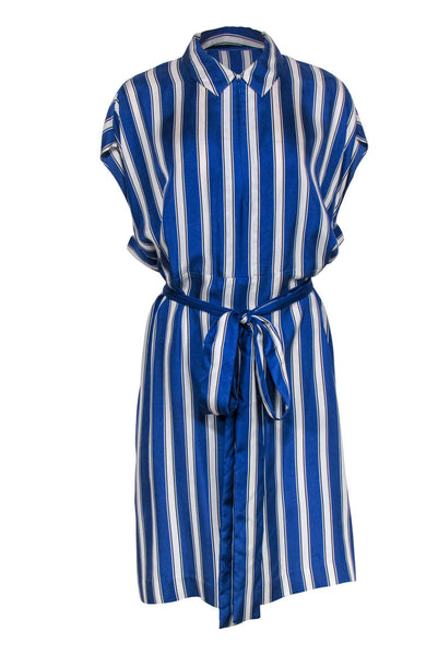 Collared Tie Waist Waistline Summer Silk Front Zipper Belted Pocketed Striped Print Sleeveless Shirt Dress