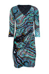 Plunging Neck Paisley Print 3/4 Sleeves Fitted Draped Dress