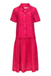 Button Front Pocketed Short Sleeves Sleeves Dropped Waistline Collared Midi Dress