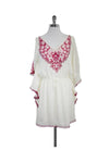 V-neck Button Closure Gathered Embroidered Dress