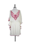 V-neck Button Closure Embroidered Gathered Dress