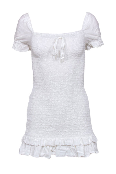 Short Smocked Square Neck Linen Puff Sleeves Sleeves Bodycon Dress