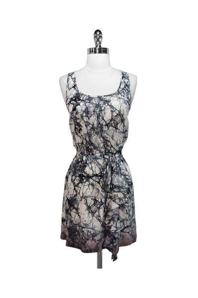 Silk Abstract Print Tiered Elasticized Waistline Scoop Neck Dress With Ruffles