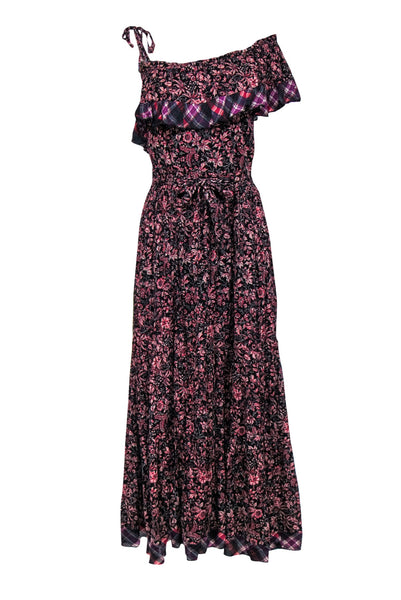 Spring Fall Tiered Asymmetric Belted One Shoulder Sleeveless Floral Plaid Print Maxi Dress
