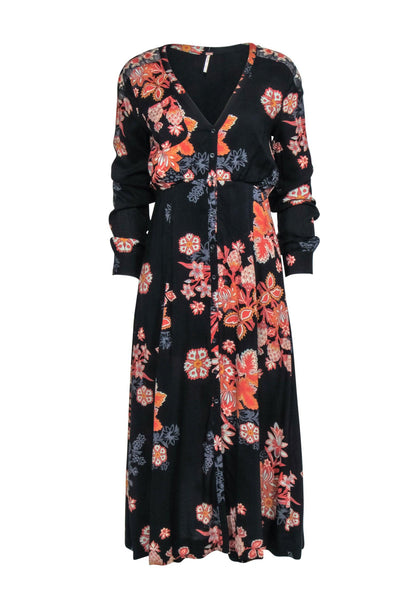 V-neck Button Front Floral Print Sheath Long Sleeves Rayon Summer Fall Sheath Dress/Maxi Dress