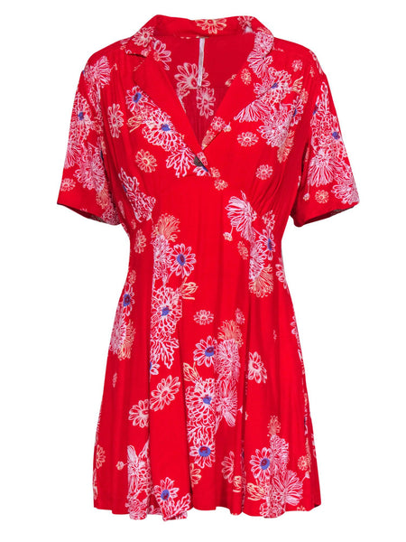 V-neck Winter Viscose Floral Print Collared Turtleneck Short Sleeves Sleeves Short Fitted Button Front Dress