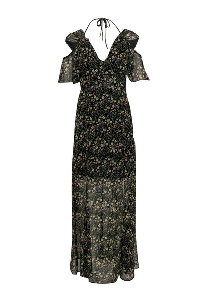 V-neck Floral Print Short Sleeves Sleeves Polyester Slit Semi Sheer Sheer V Back Summer Maxi Dress With Ruffles