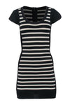 Scoop Neck Striped Print Cap Sleeves Ribbed Trim Back Zipper Bodycon Dress/Club Dress