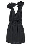 Silk Elasticized Tie Waist Waistline Beaded Pleated Goddess Above the Knee Dress With Ruffles