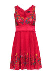 V-neck Floral Print Fit-and-Flare Short Fitted Embroidered Sleeveless Dress