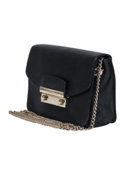 Furla - Black Textured Leather Mini Crossbody Bag w/ Chain Strap