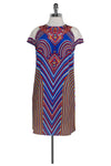 Abstract Print Cap Sleeves Hidden Back Zipper Shift Round Neck Dress