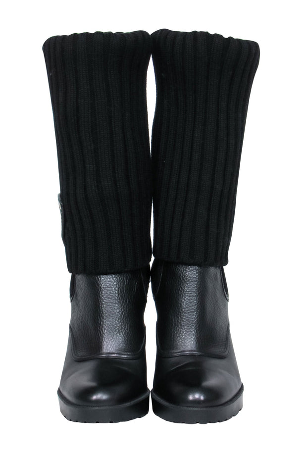 Gucci - Black Leather & Ribbed Knit Fold-Over Wedge Boots Sz 7