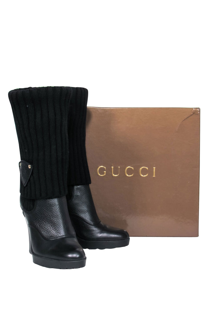 Gucci - Black Leather & Ribbed Knit Fold-Over Wedge Boots Sz 7