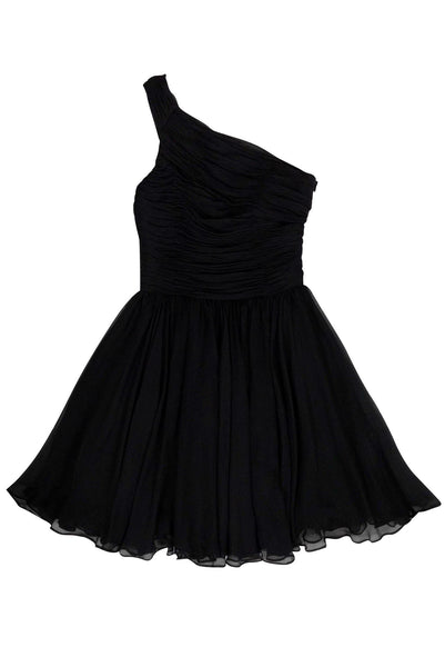 Flared-Skirt Above the Knee One Shoulder Silk Flowy Gathered Ruched Side Zipper Fitted Little Black Dress