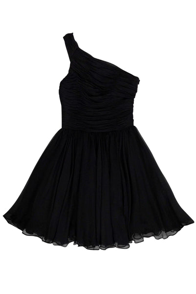 Above the Knee Silk Ruched Flowy Fitted Side Zipper Gathered One Shoulder Flared-Skirt Little Black Dress