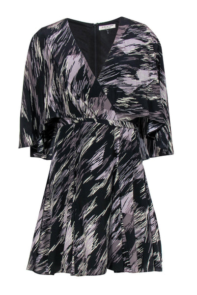 V-neck Flutter Sleeves General Print Draped Fitted Pleated Silk Dress