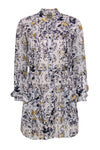 Long Sleeves Snap Closure Pocketed Drawstring Floral Print Leather Dress