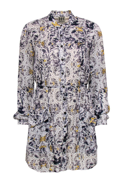 Drawstring Snap Closure Pocketed Long Sleeves Floral Print Leather Dress