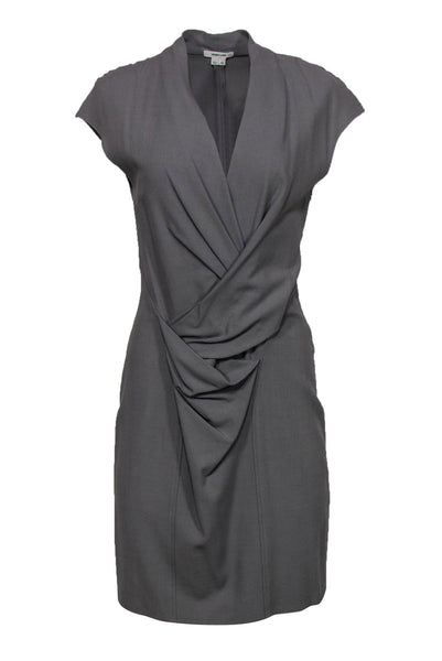 Gathered Hidden Side Zipper Ruched Cap Sleeves Cowl Neck Plunging Neck Sheath Sheath Dress