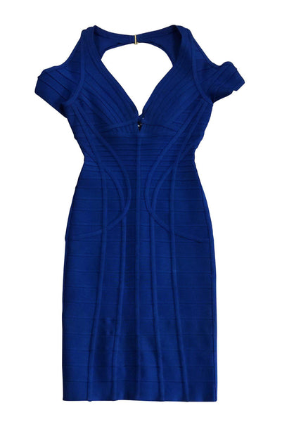 V-neck Cold Shoulder Sleeves Ribbed Back Zipper Bandage Dress/Evening Dress