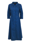 Button Front Fitted Spring Elasticized Waistline Collared Long Sleeves Shirt Maxi Dress