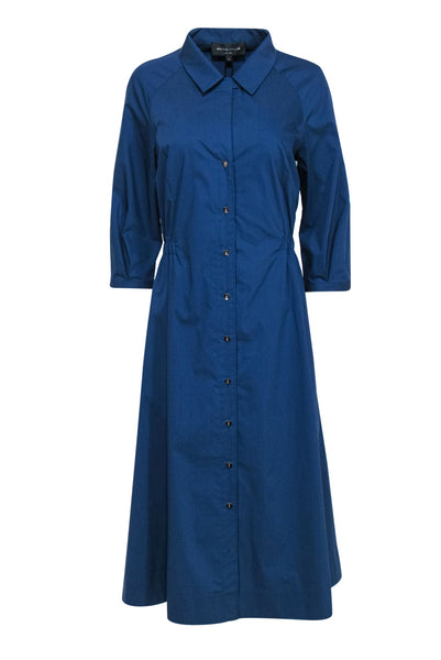 Spring Long Sleeves Elasticized Waistline Fitted Button Front Collared Shirt Maxi Dress