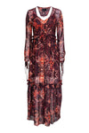 V-neck Button Front Long Sleeves Silk Paisley Print Maxi Dress With Ruffles