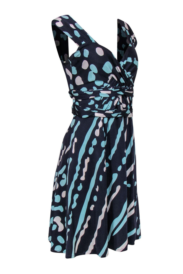 Current Boutique-Issa London - Navy, Mint & White Patterned Dress w/ Ruched Waist Sz 6